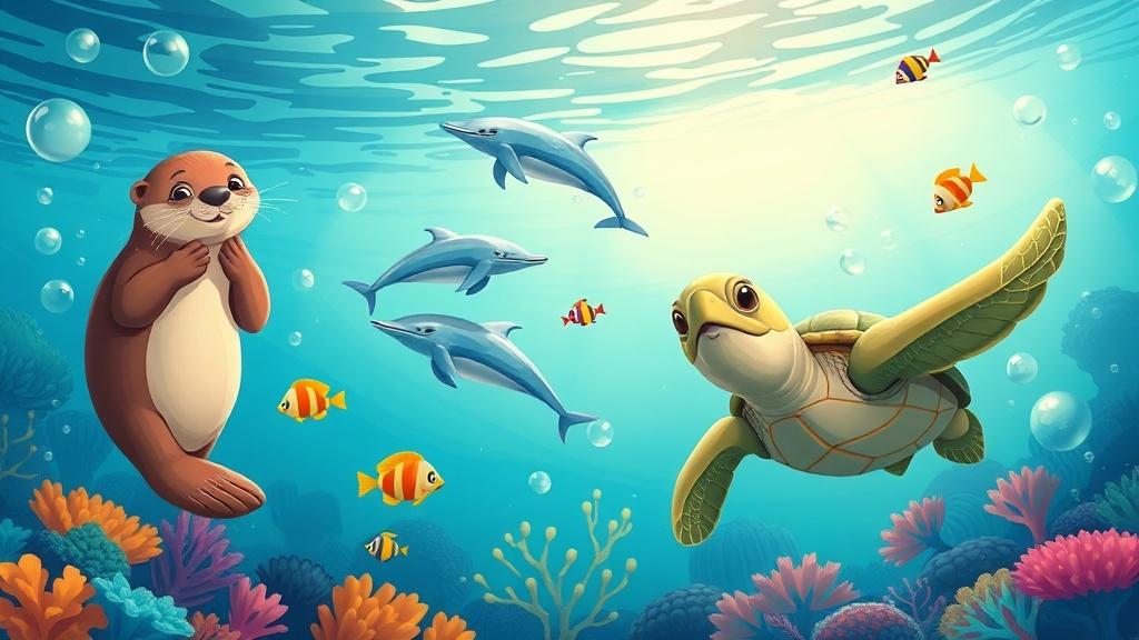 An underwater scene with a playful sea otter, dolphins, colorful tropical fish, and a gentle sea turtle swimming through coral reefs