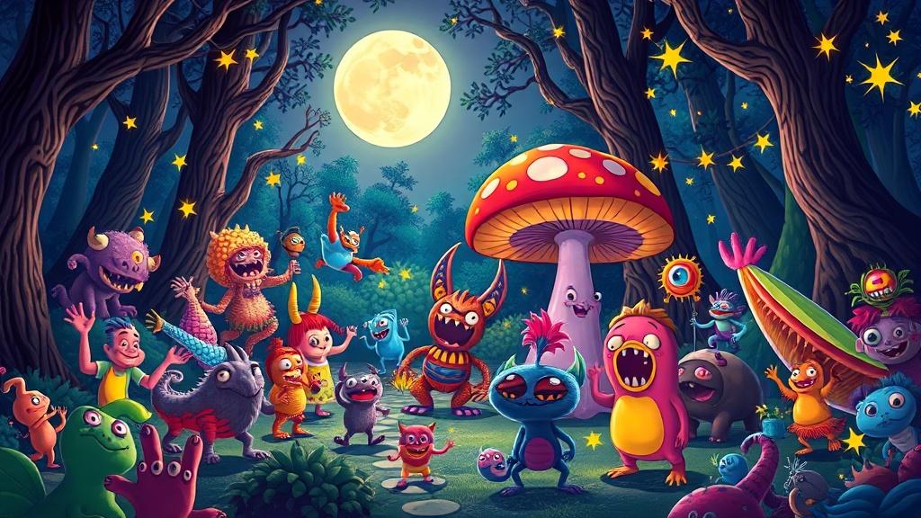 An epic monster dance party in an enchanted moonlit forest with colorful creatures of all sizes dancing and glowing fireflies