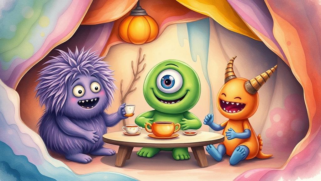 Friendly colorful monsters — a fuzzy purple one, a round green one with one big eye, and a tiny orange one with horns — having a tea party in a whimsical candy-colored cave