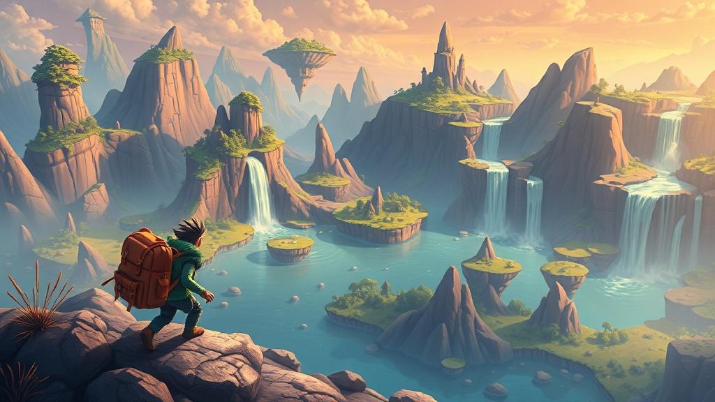 A tiny brave monster with a big backpack exploring a vast magical landscape with floating islands, crystal caves, and rainbow waterfalls