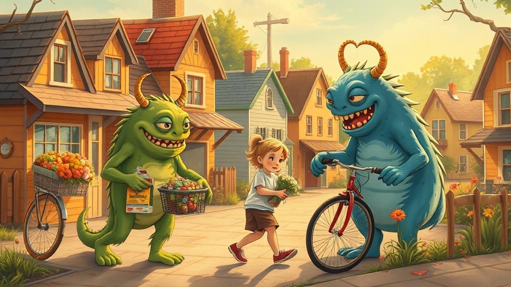 Classic storybook style friendly neighborhood monsters helping a child in a cozy town illustration