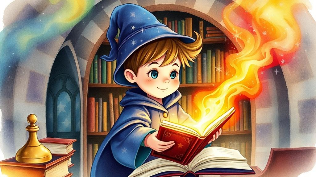 A young wizard child in a starry robe casting a glowing spell from an ancient spellbook in an enchanted library filled with colorful magic swirls and sparkling stars