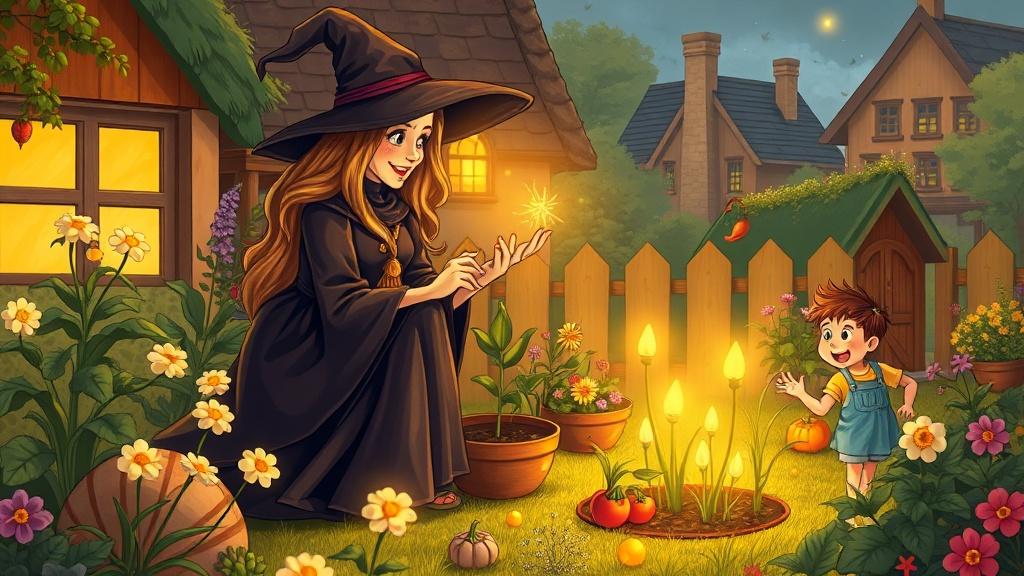 Classic storybook style friendly village witch tending a magical garden with glowing flowers and floating vegetables illustration