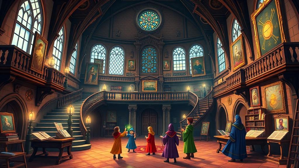 A grand wizard school with floating staircases, enchanted paintings, levitating books, and children in colorful robes practicing spells