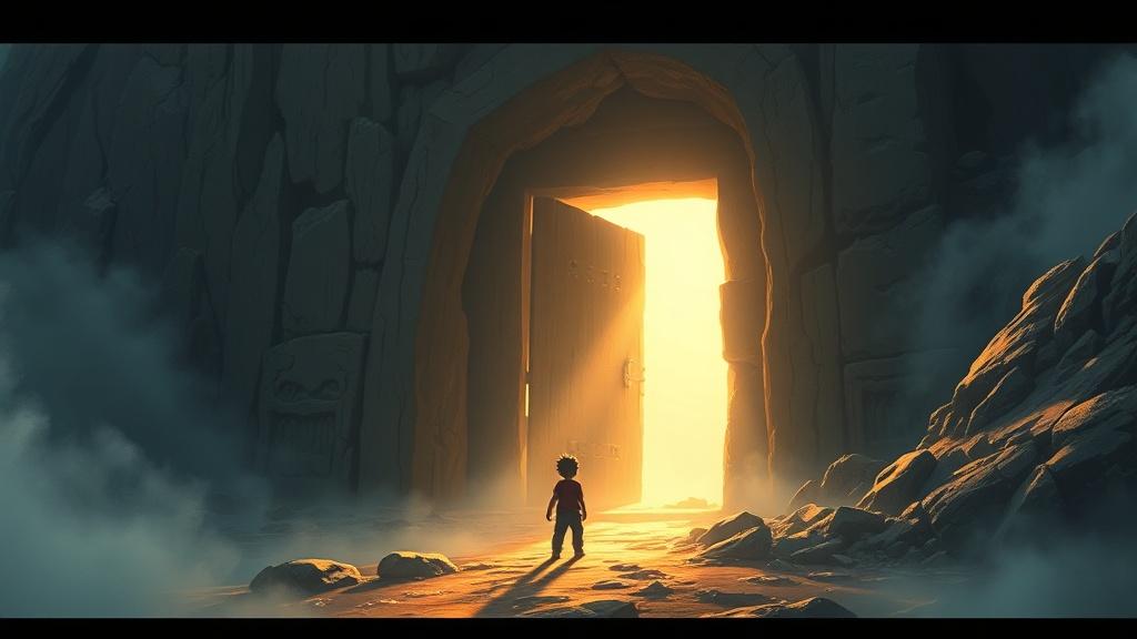 Cinematic style lone child explorer discovering a massive ancient door carved into a mountainside with dramatic lighting and mist illustration