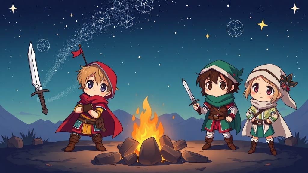 Anime chibi style team of kid adventurers — a swordsman, mage, ranger, and healer — posing heroically at a campfire under the stars illustration