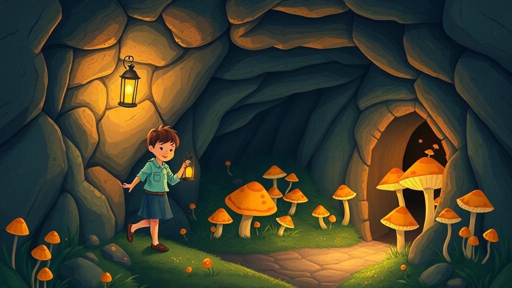 Classic storybook style child with a lantern exploring a cozy underground tunnel leading to a magical underground garden illustration