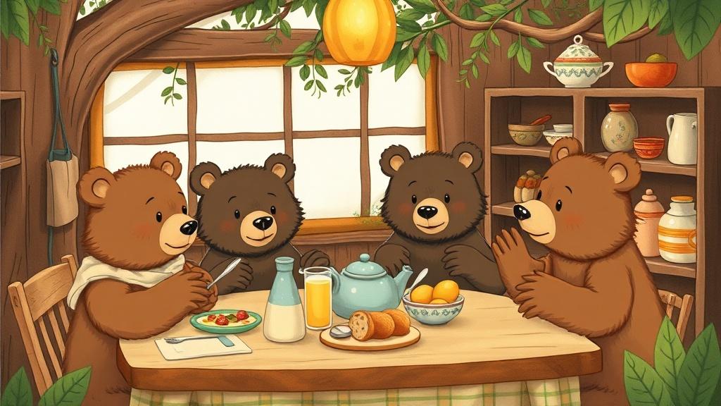 Classic storybook style family of bears having breakfast together in a cozy treehouse kitchen