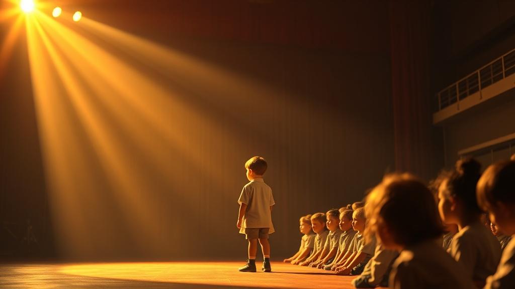Cinematic style a child standing at a school stage performing in a play with spotlight