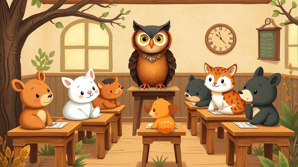 Classic storybook style animal characters sitting at tiny desks in a woodland school with a wise owl teacher