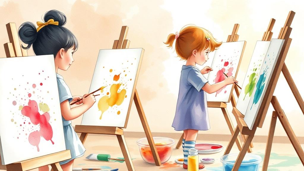 Watercolor style children painting at easels in an art class with colorful paint splashes