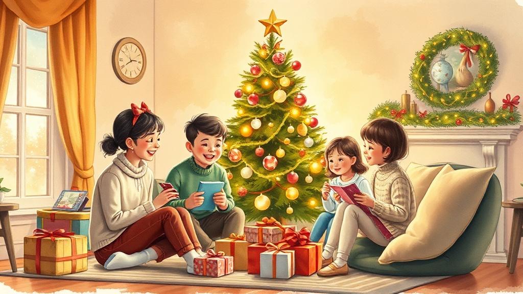 A family gathered around a beautifully decorated Christmas tree opening presents together in a warm cozy living room with twinkling lights in watercolor style