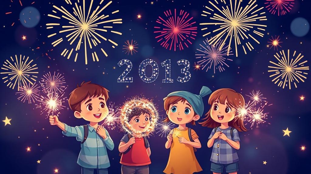 Kids celebrating New Year with sparklers and fireworks lighting up the night sky