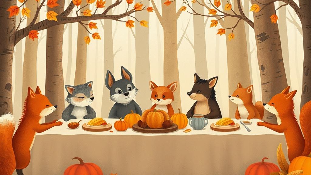 Classic storybook style woodland animals celebrating Thanksgiving dinner together at a long table in the forest