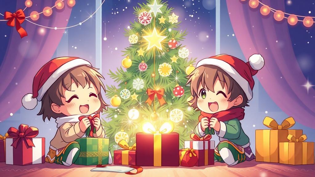 Anime chibi style children opening Christmas presents under a sparkling tree with excitement and joy