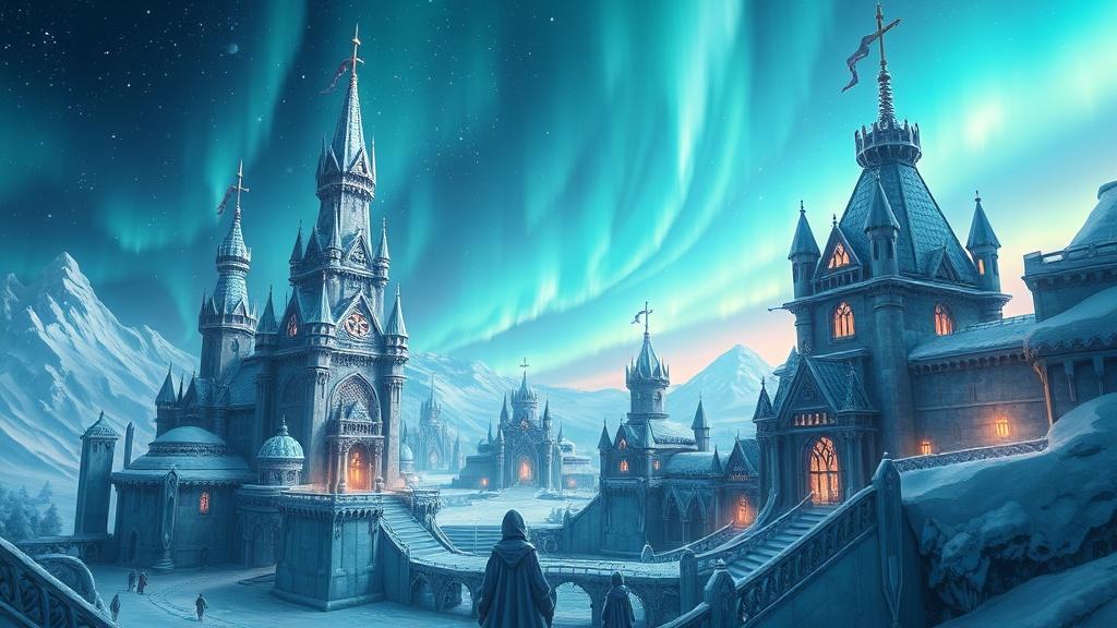 Fantasy art style a magical North Pole city with ice castles crystal towers and aurora borealis in the sky