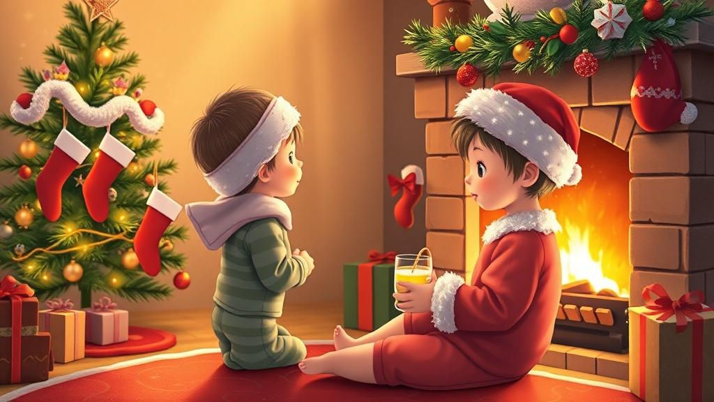 A child in pajamas leaving cookies and milk by the fireplace for Santa on Christmas Eve with stockings and a glowing Christmas tree