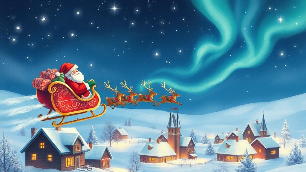 Santa Claus flying over a snowy village in his sleigh pulled by reindeer on Christmas Eve with twinkling stars and northern lights in watercolor style