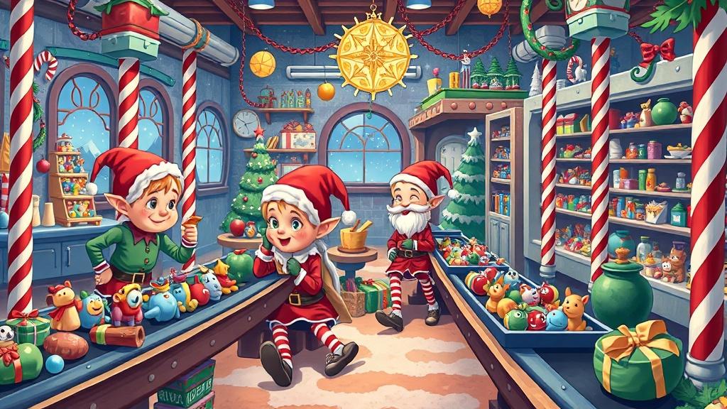 Elves working in Santa's magical toy workshop at the North Pole with colorful toys on conveyor belts and candy cane pillars