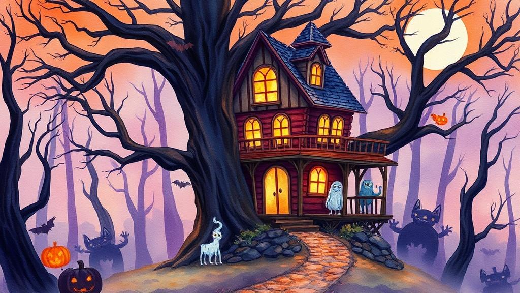 Watercolor style a haunted treehouse in an enchanted forest with glowing windows and friendly monsters peeking out on Halloween night