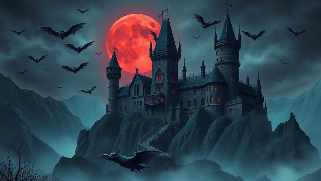 Fantasy art style a vampire castle on a misty mountain top with bats swirling around towers under a blood-red moon
