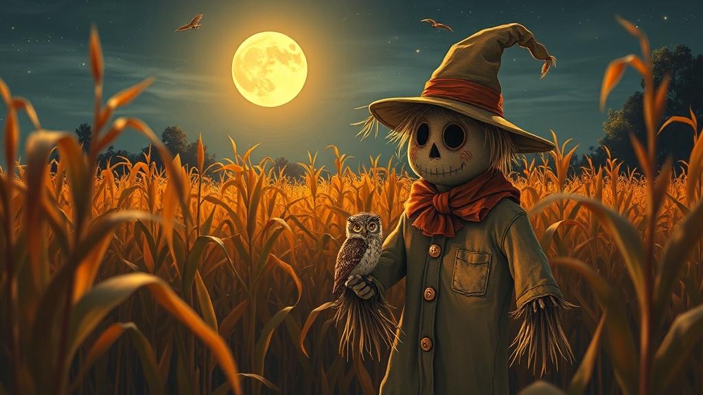 A scarecrow coming to life in a moonlit cornfield on Halloween night and befriending a lost baby owl