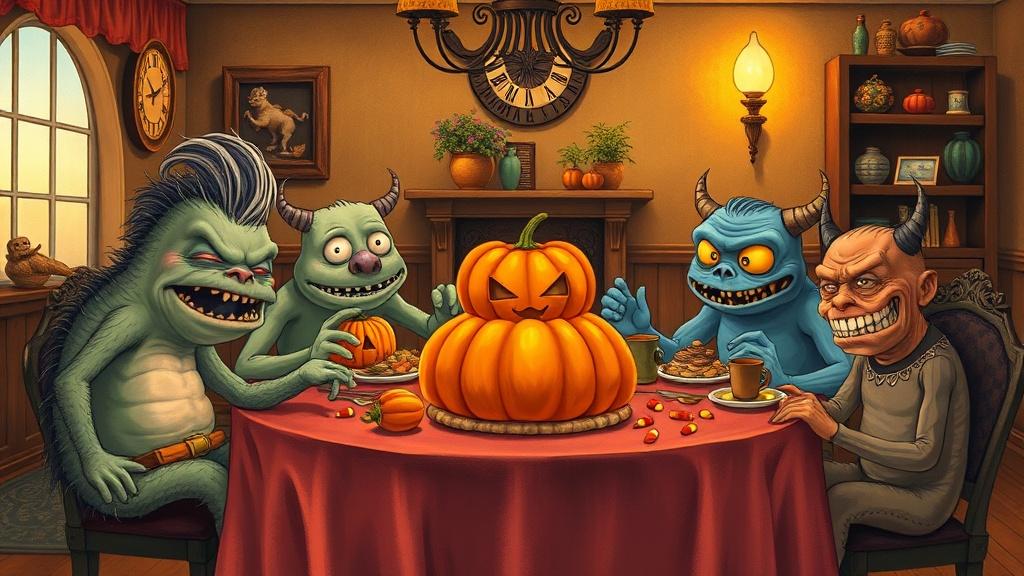 Classic storybook style a family of friendly monsters having a Halloween feast in a decorated dining room with pumpkin pie and candy corn