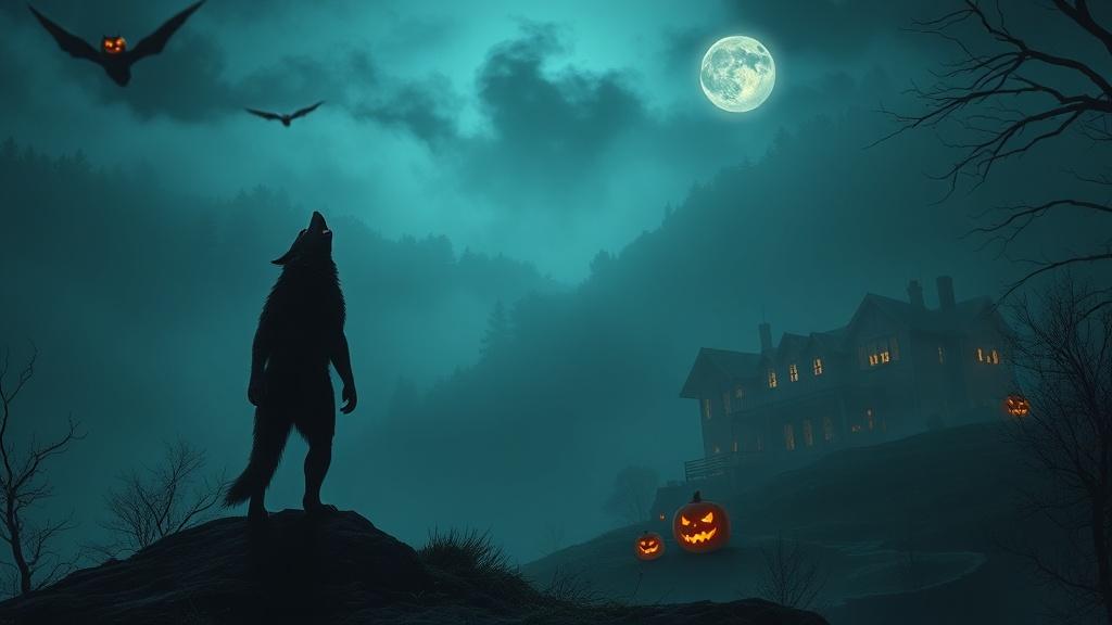 Cinematic style a lone werewolf howling on a hilltop overlooking a foggy village with glowing jack-o-lanterns on Halloween night