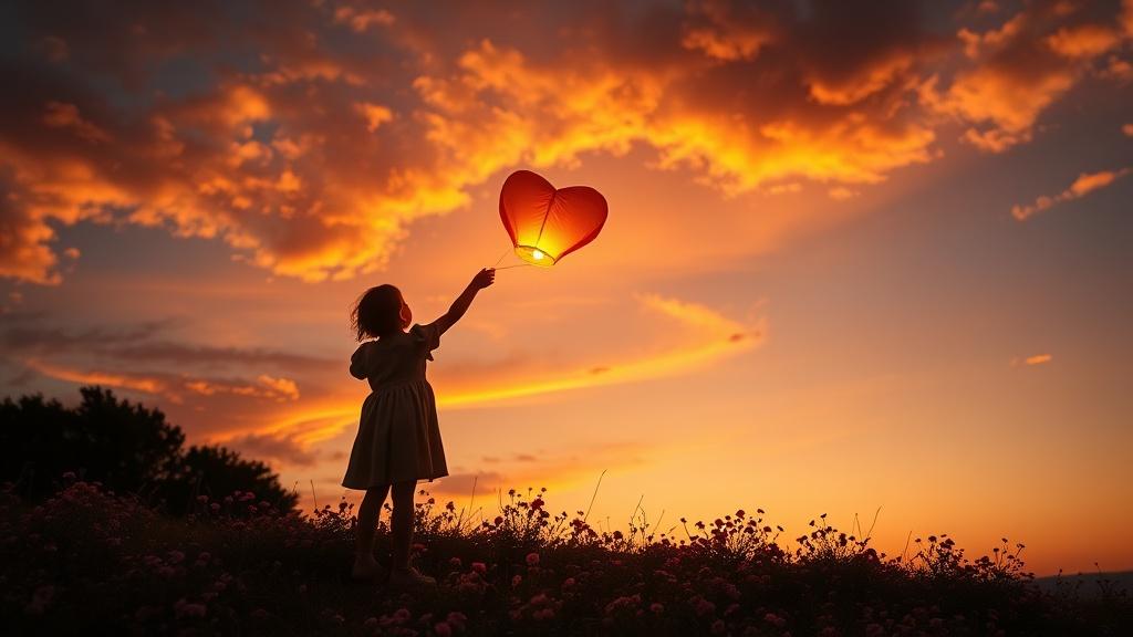 Cinematic style two silhouetted children releasing heart-shaped lanterns into a golden sky from a flower-covered hilltop