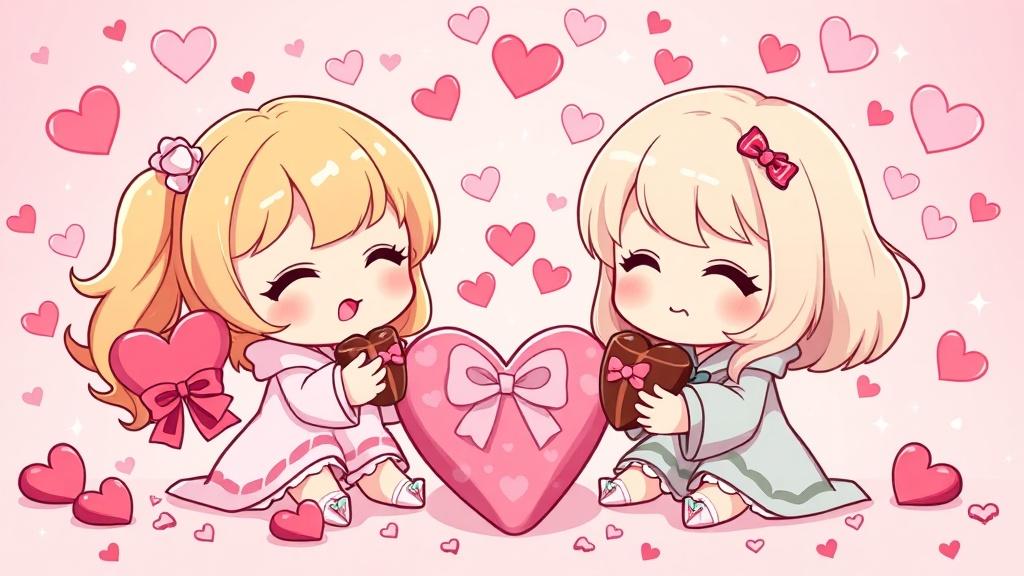 Anime kawaii style cute chibi characters exchanging Valentine chocolates and heart-shaped gifts with sparkles and pink hearts