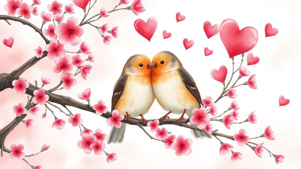 Watercolor style two birds sitting together on a heart-shaped branch surrounded by cherry blossoms and floating hearts