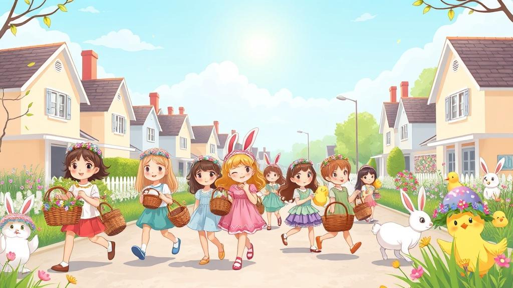 An Easter parade through a sunny village with children in spring outfits carrying decorated baskets and wearing flower crowns with bunnies and chicks marching alongside