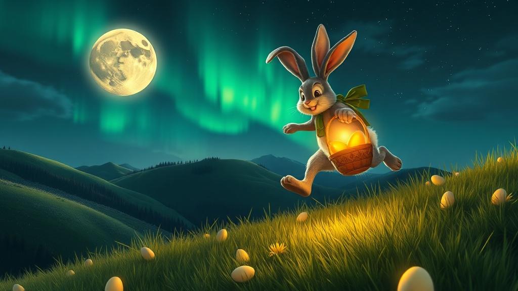 Cinematic style Easter bunny leaping across moonlit hills carrying a glowing basket of golden eggs with spring aurora in the sky