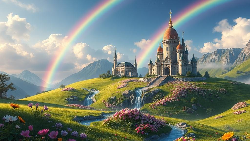 Fantasy art style magnificent Easter kingdom with egg-shaped castles on rolling green hills surrounded by rainbows and giant flowers
