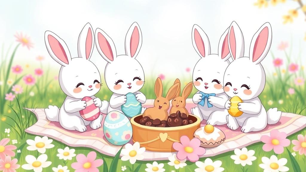 Anime kawaii style cute chibi bunny characters having an Easter picnic with decorated eggs chocolate bunnies and spring treats