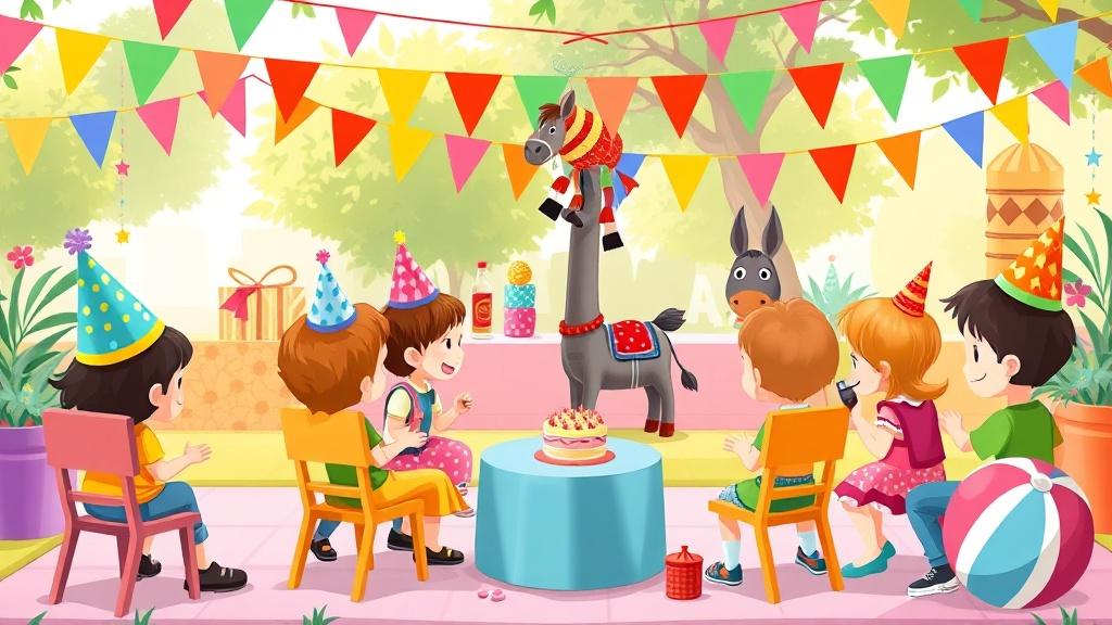 Children wearing party hats playing musical chairs and party games at a colorful outdoor birthday party with bunting banners and a piñata