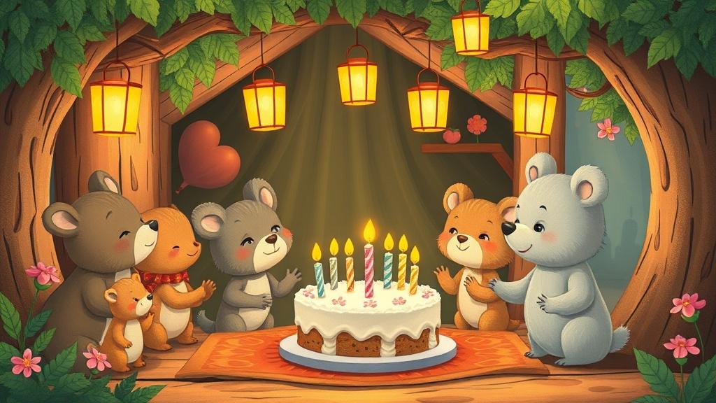 A group of animal friends surprising a little bear with a birthday party in a treehouse decorated with lanterns flowers and a homemade cake