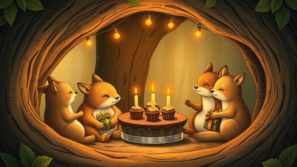 Classic storybook style woodland animals throwing a cozy birthday celebration in a hollow tree with tiny candles acorn cupcakes and leaf-wrapped presents
