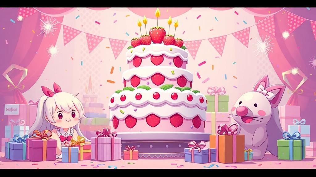 Anime kawaii style cute chibi characters at a birthday party with a giant strawberry cake stacks of presents and confetti poppers