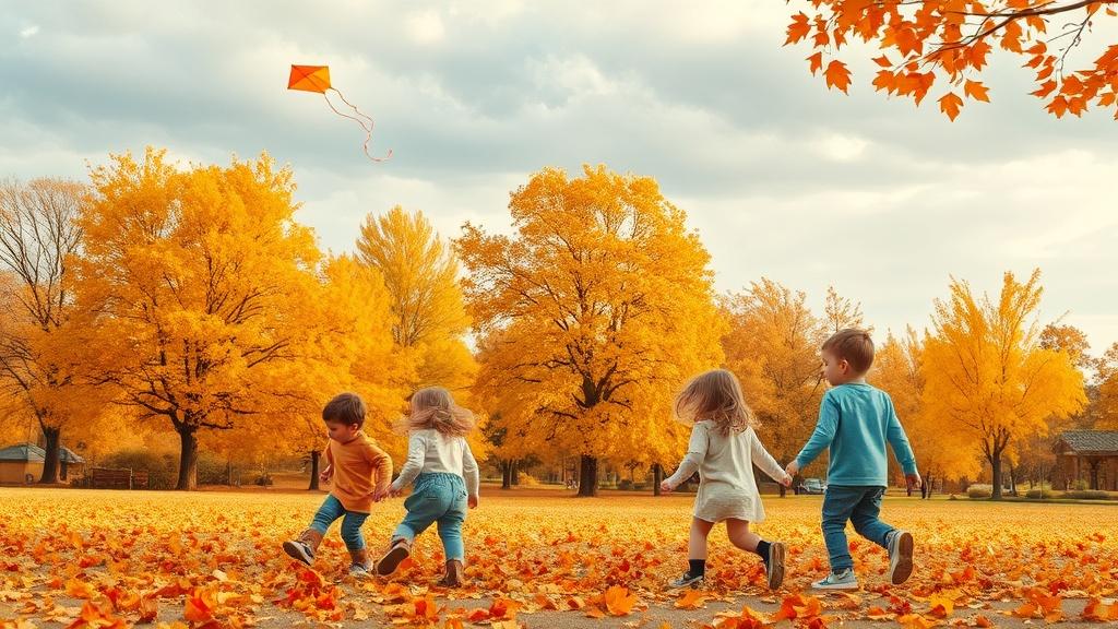 Children playing in autumn leaves in a park with golden trees and a kite flying in a cloudy sky in watercolor style