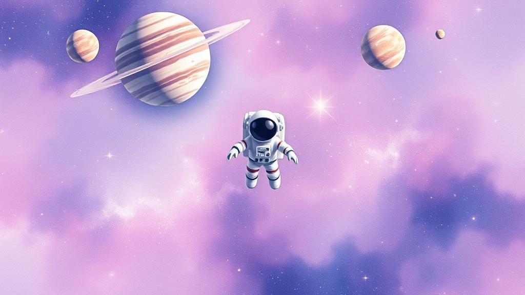 A little astronaut floating in space surrounded by pastel-colored planets and stars in watercolor painting style