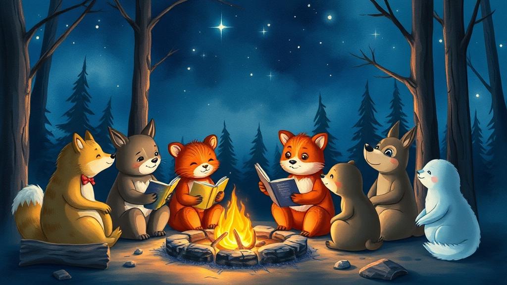 Animal friends gathered around a campfire in the woods under a starry sky in watercolor painting style
