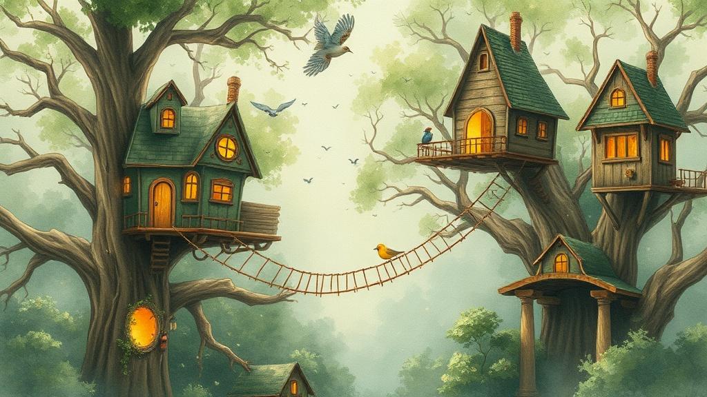 A magical treehouse city connected by rope bridges with tiny glowing windows in watercolor painting style