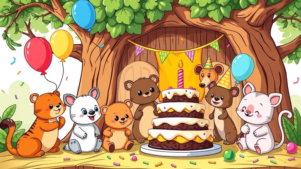 Adorable cartoon animals having a birthday party in a treehouse with balloons confetti and a big layered cake in bold outlines and bright saturated colors