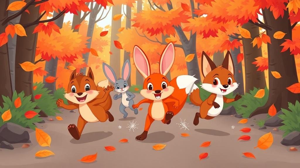 Cartoon woodland animals having a race through an autumn forest with falling orange and red leaves