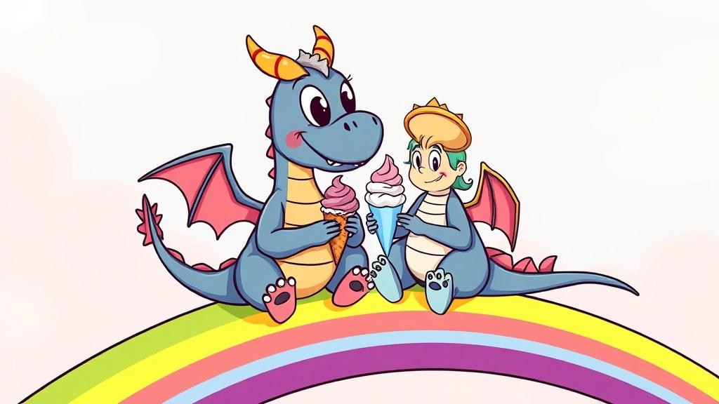 A cartoon dragon and a small child sharing ice cream cones while sitting on a rainbow in playful cartoon illustration