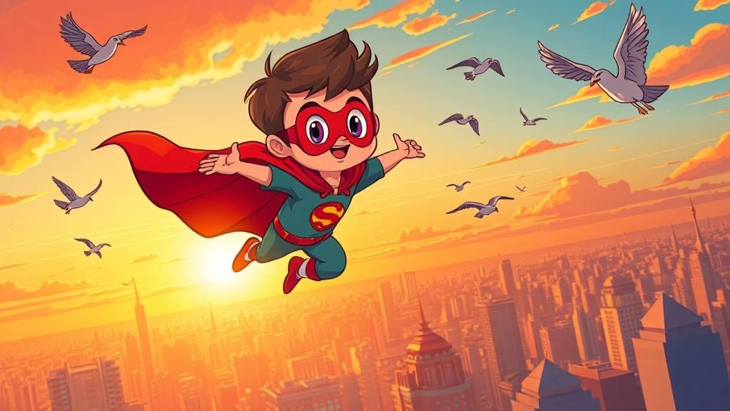 A cartoon superhero kid flying over a colorful cityscape at sunset with a cape fluttering and birds soaring alongside