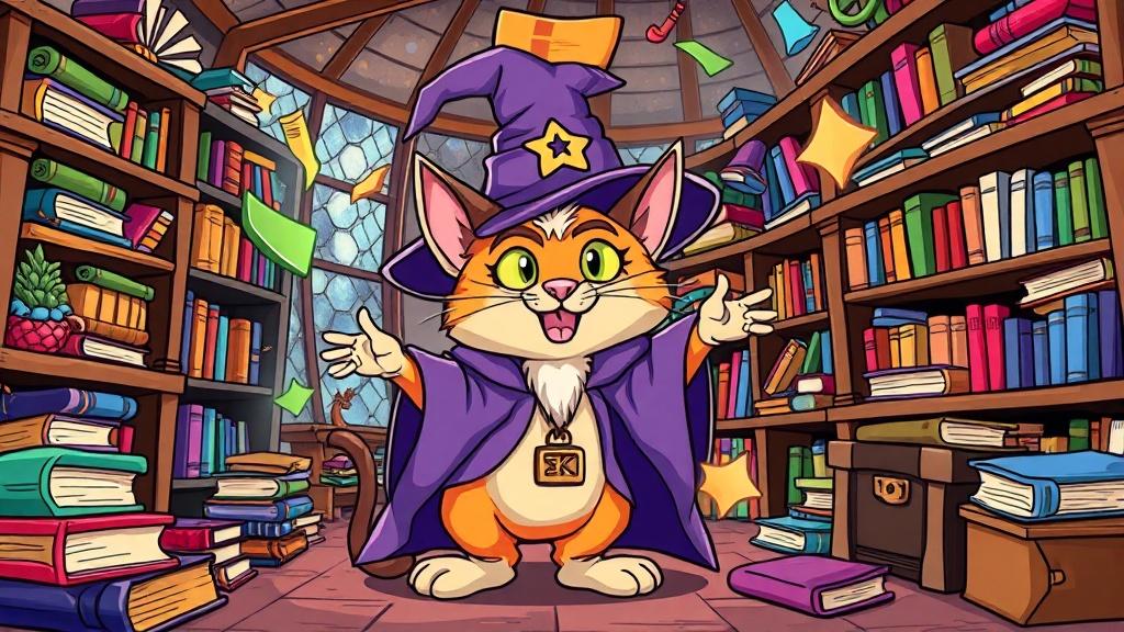 A cartoon wizard cat casting colorful spells in a cluttered magical library with books flying everywhere