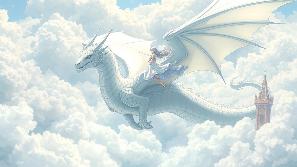 An anime princess with long silver hair riding a majestic white dragon through clouds above a crystal palace ethereal anime fantasy art