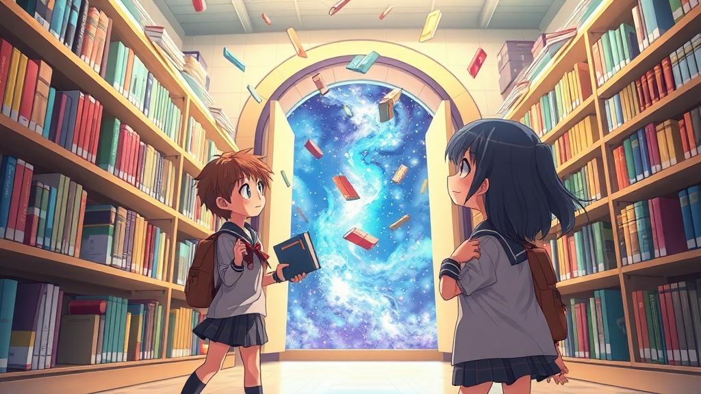Two anime kids in school uniforms discovering a hidden magical portal in their school library with books flying around vibrant anime style